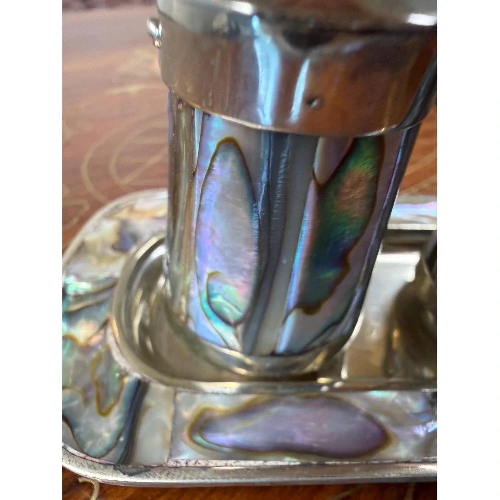 Vintage Mexican Alpaca Silver Abalone Salt & Pepper Shakers with Tray